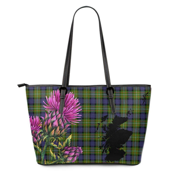 Fergusson Modern Tartan Leather Tote Bag Thistle Maps Style