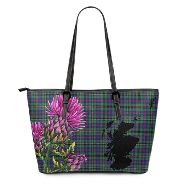 Wood Modern Tartan Leather Tote Bag Thistle Maps Style