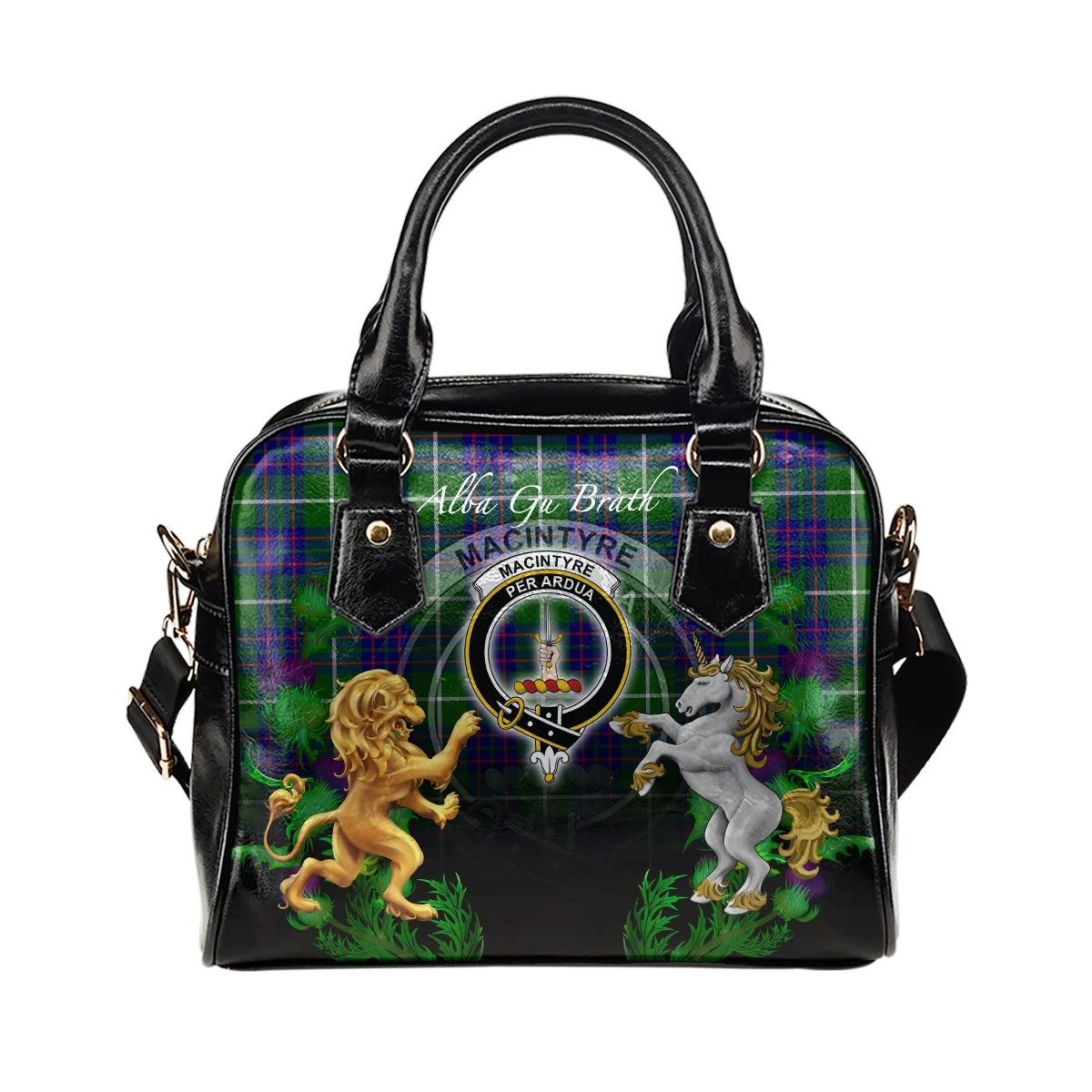 MacIntyre Hunting Modern Tartan Shoulder Handbag Lion Unicorn Thistle Style