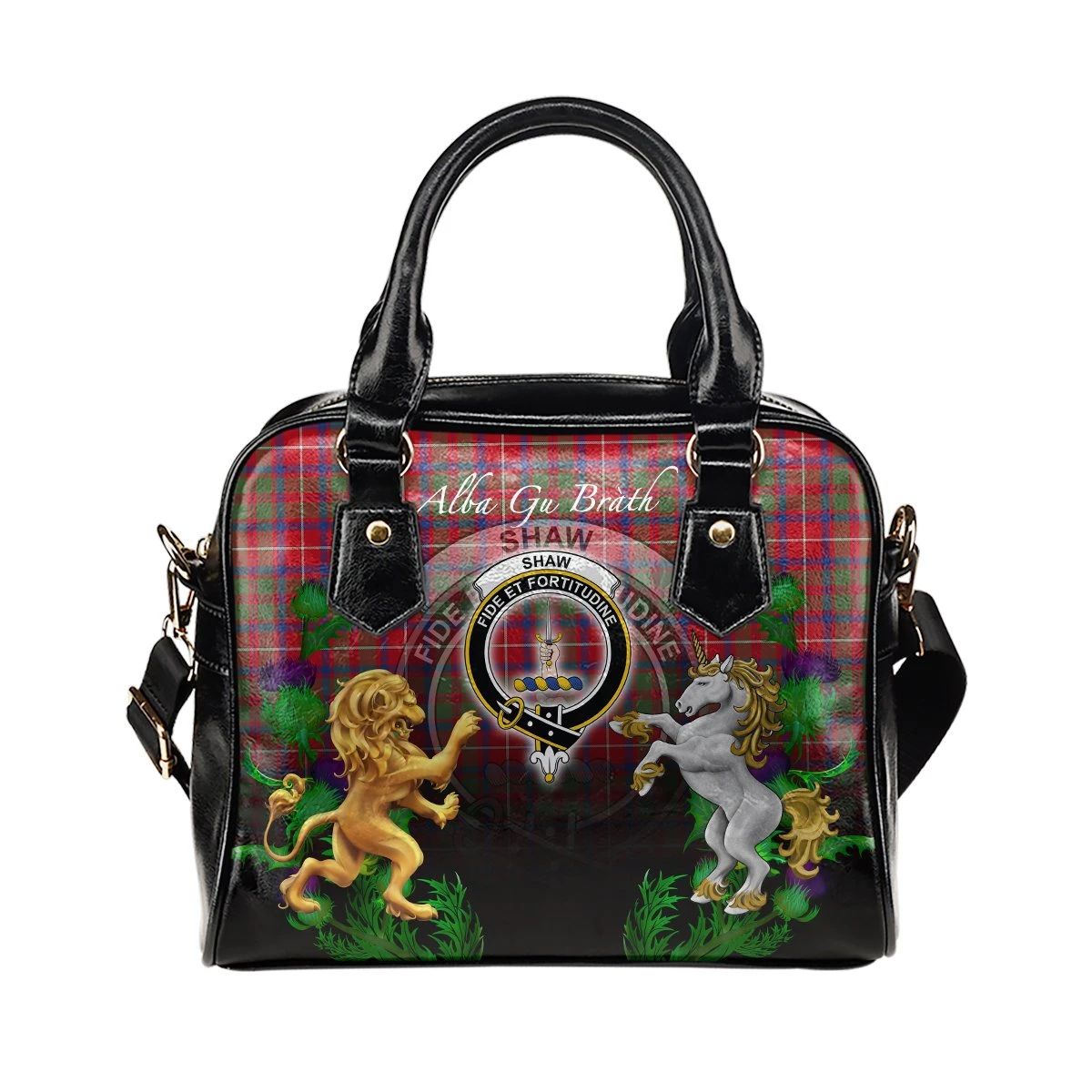 Shaw Red Modern Tartan Shoulder Handbag Lion Unicorn Thistle Style