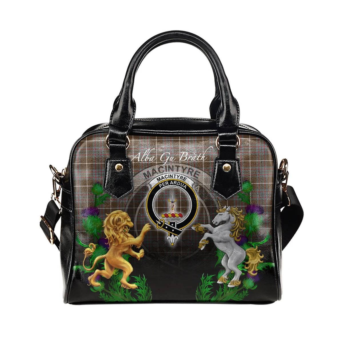 MacIntyre Hunting Weathered Tartan Shoulder Handbag Lion Unicorn Thistle Style