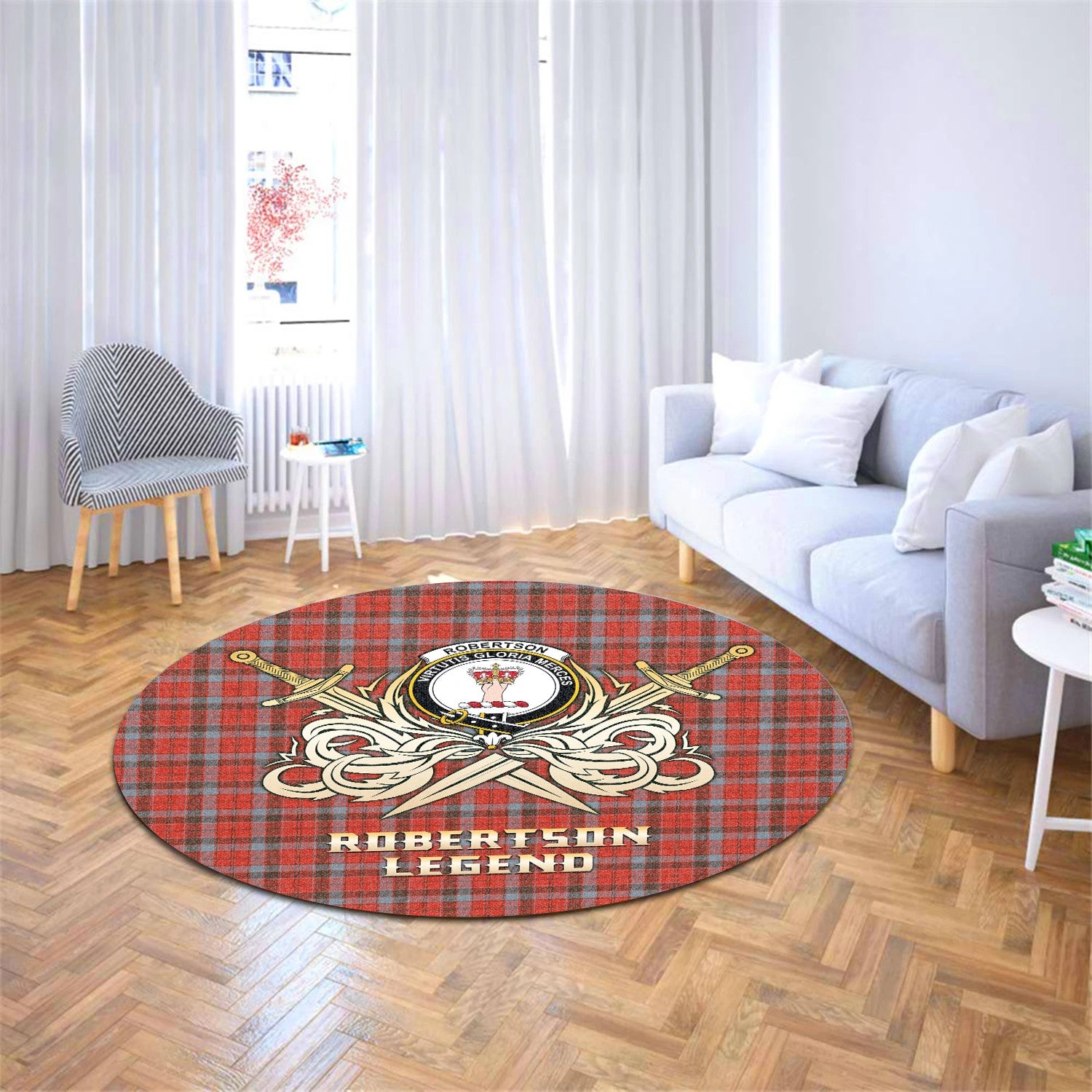 Scottish Tartan Robertson Weathered Clan Round Rug Courage Sword Style