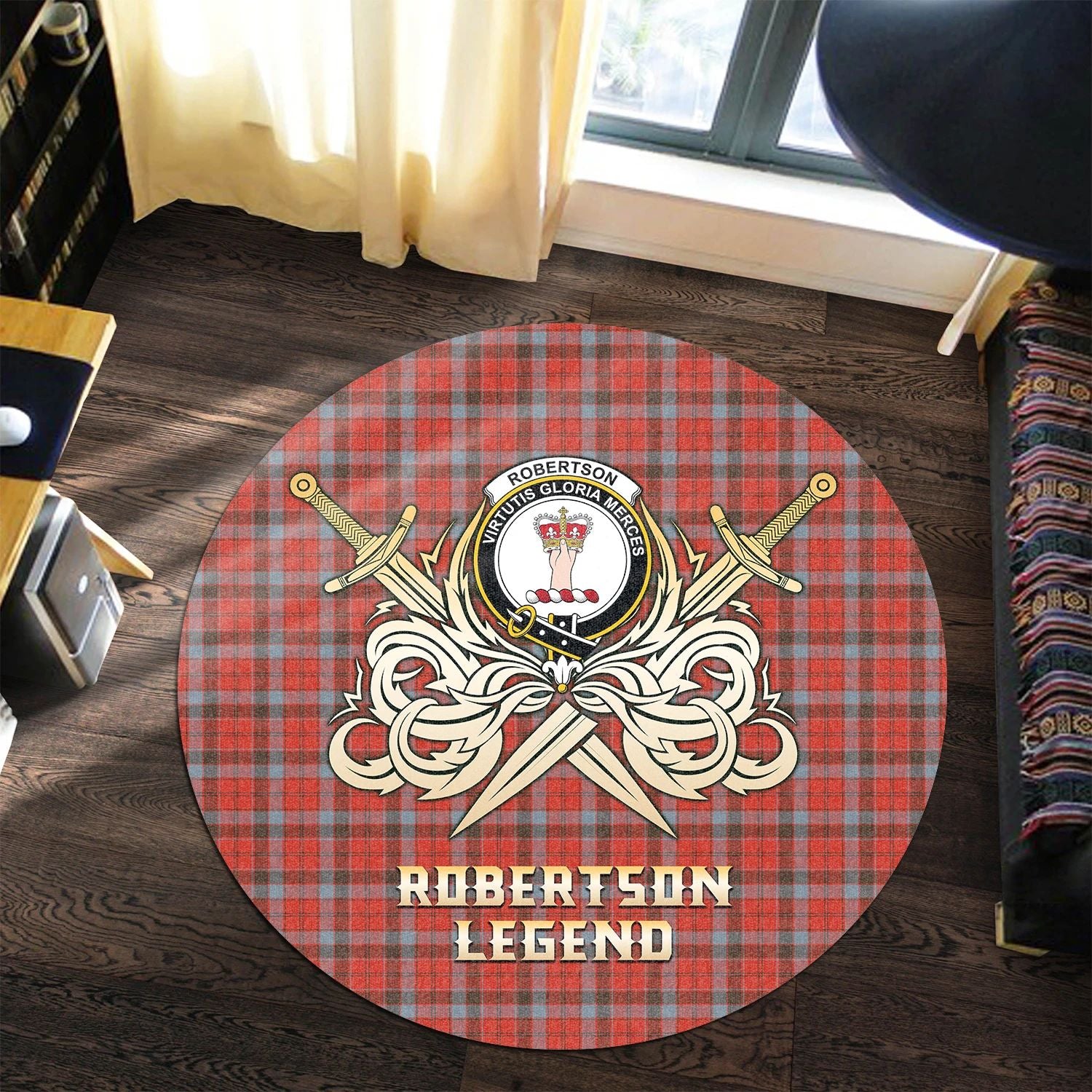 Scottish Tartan Robertson Weathered Clan Round Rug Courage Sword Style