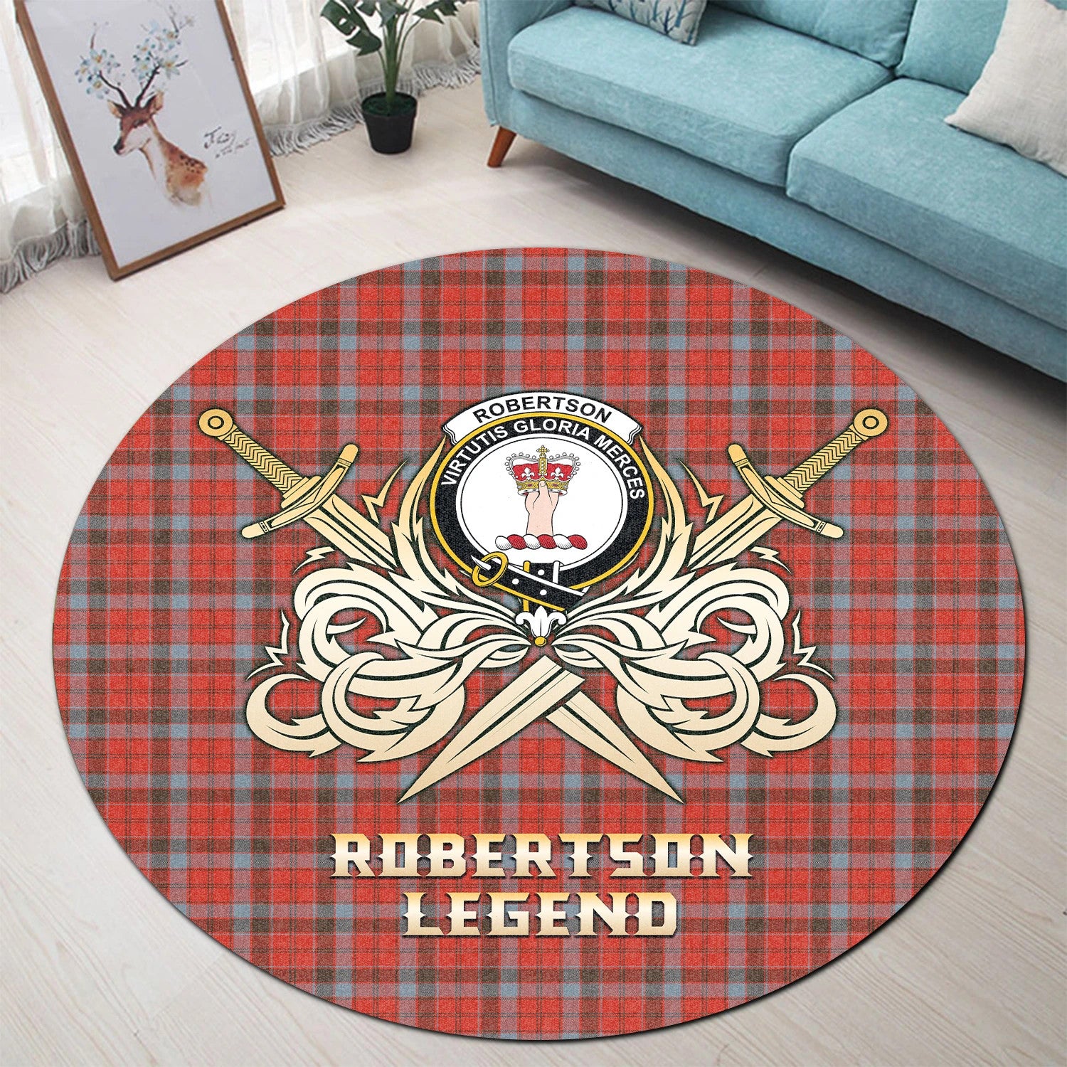 Scottish Tartan Robertson Weathered Clan Round Rug Courage Sword Style