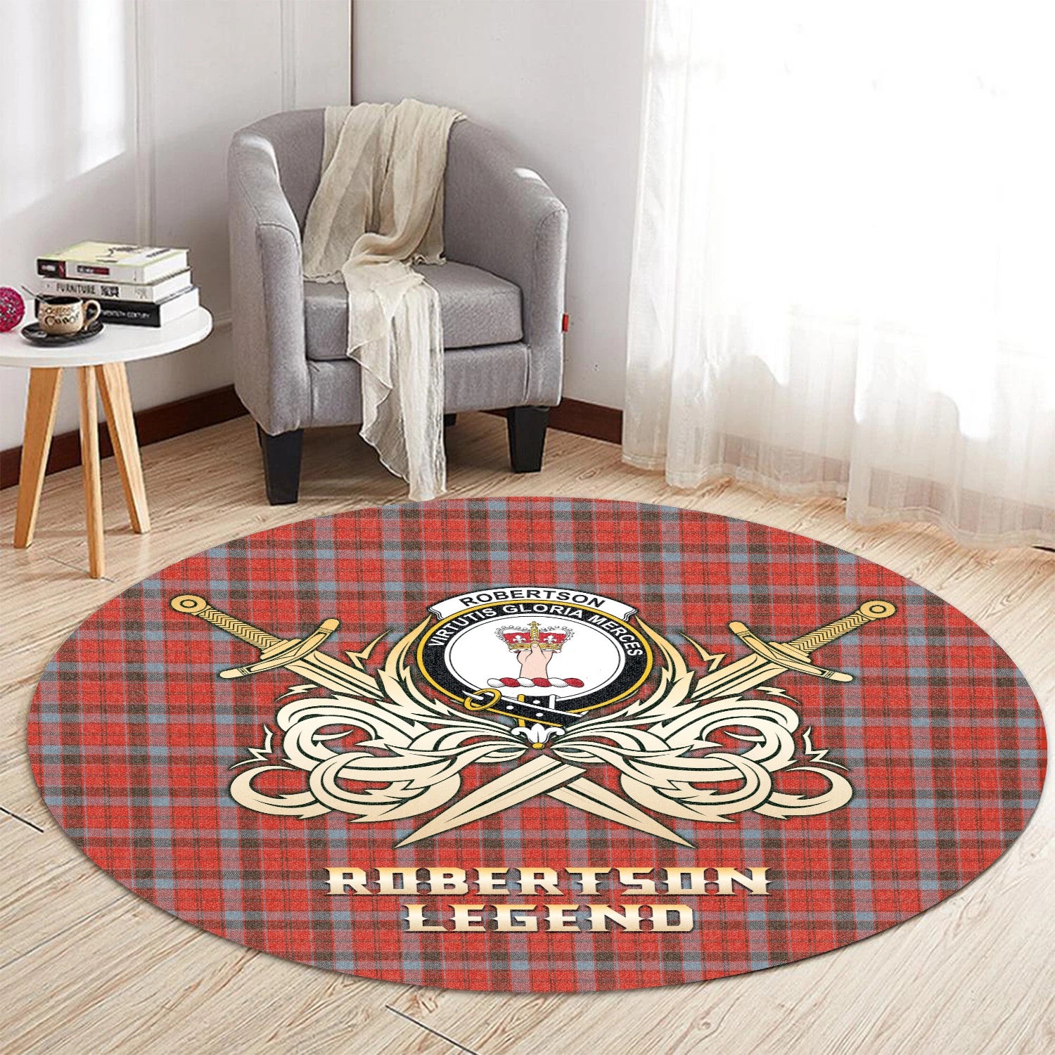 Scottish Tartan Robertson Weathered Clan Round Rug Courage Sword Style