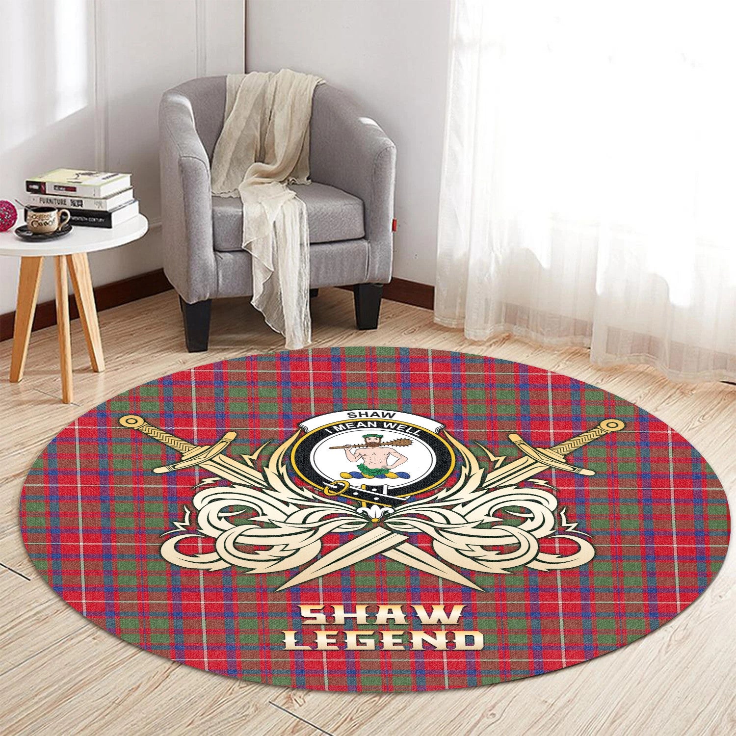 Scottish Tartan Shaw Red Modern Clan Round Rug Courage Sword Style