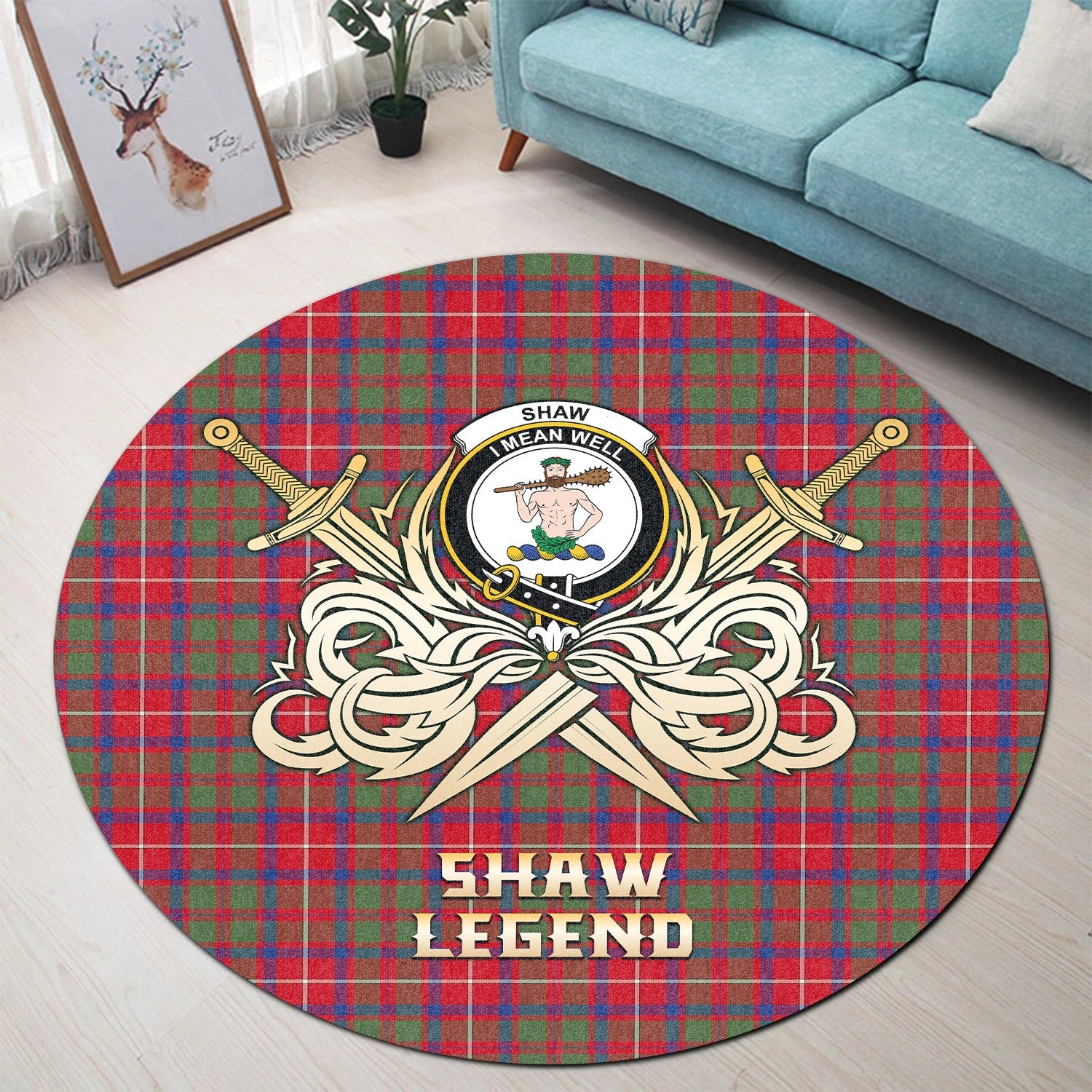 Scottish Tartan Shaw Red Modern Clan Round Rug Courage Sword Style