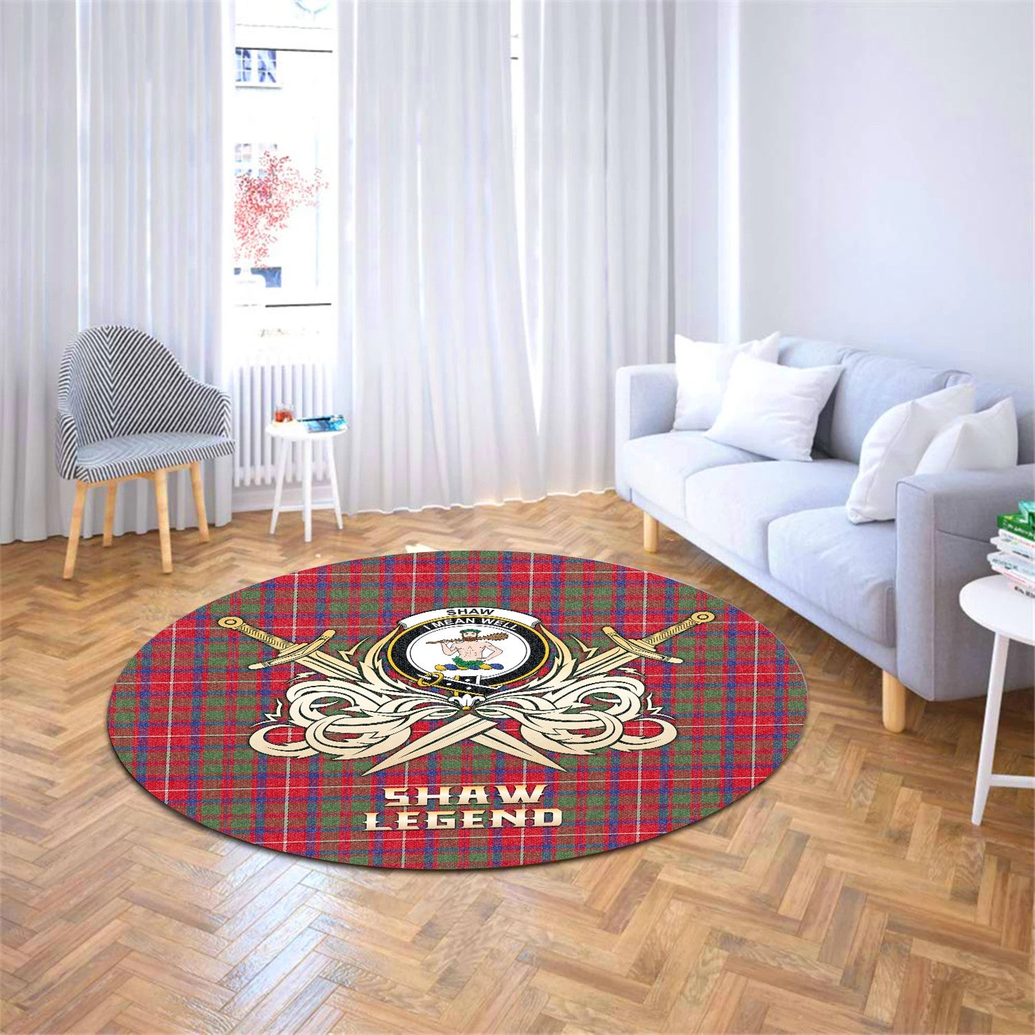 Scottish Tartan Shaw Red Modern Clan Round Rug Courage Sword Style