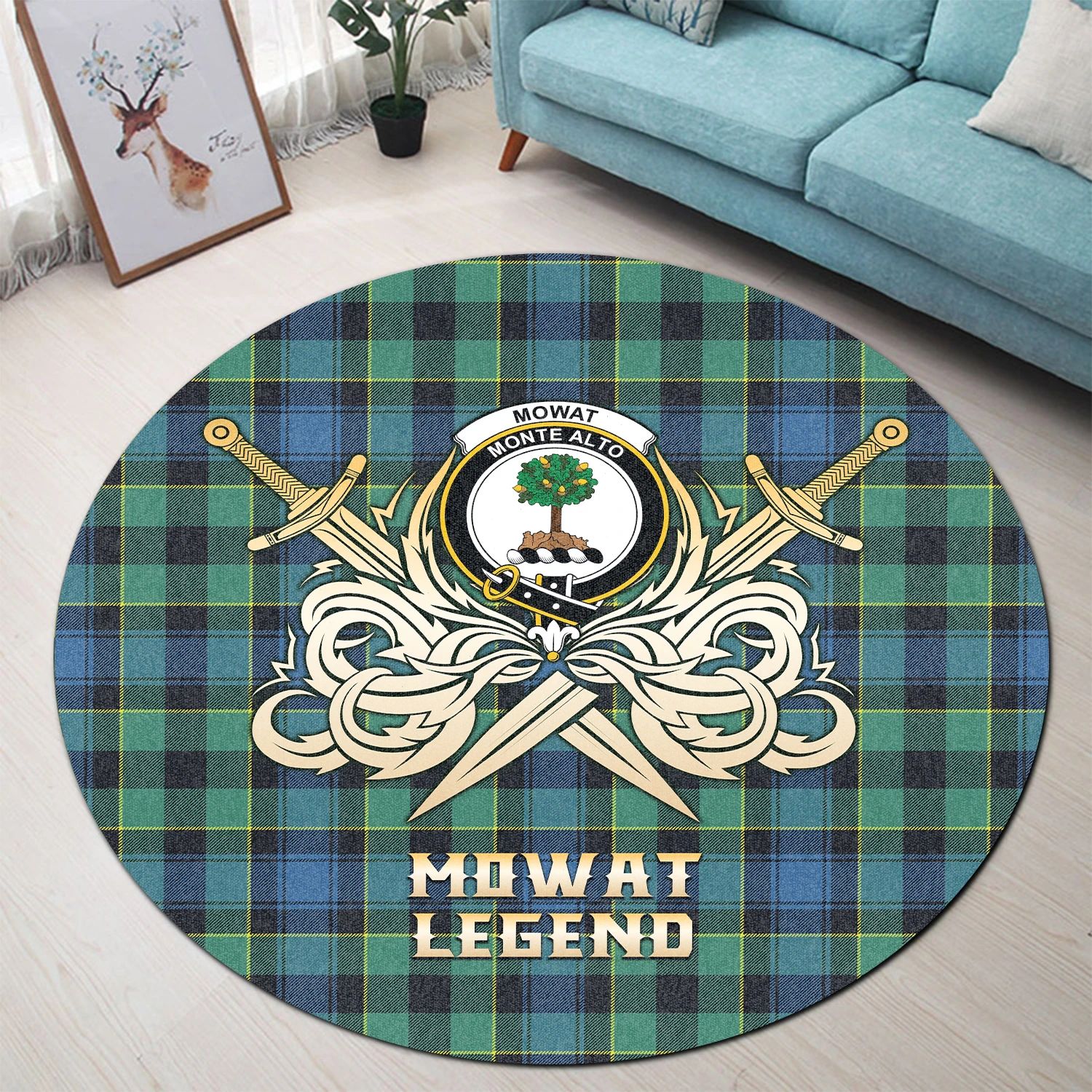 Scottish Tartan Mowat Clan Round Rug Courage Sword Style