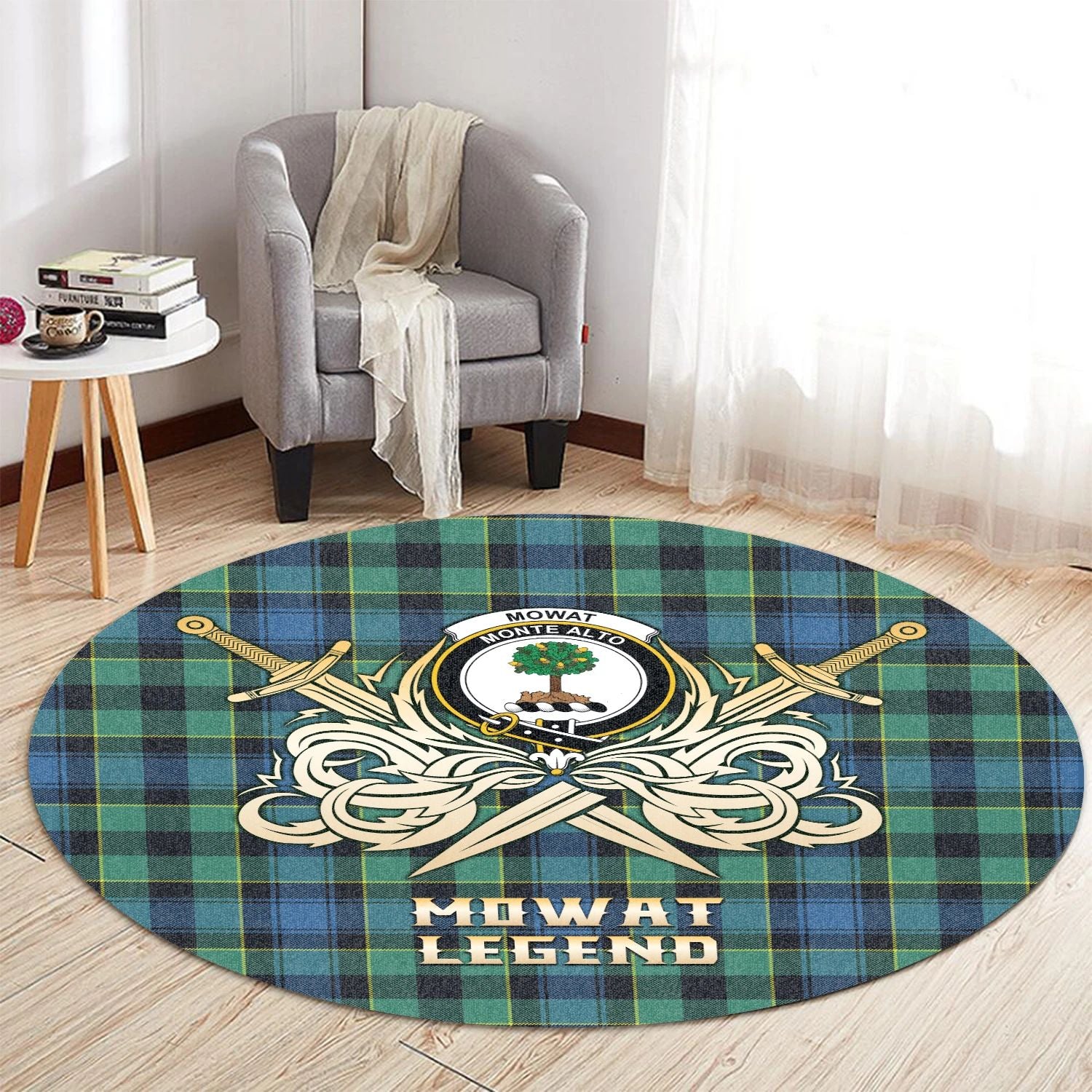 Scottish Tartan Mowat Clan Round Rug Courage Sword Style