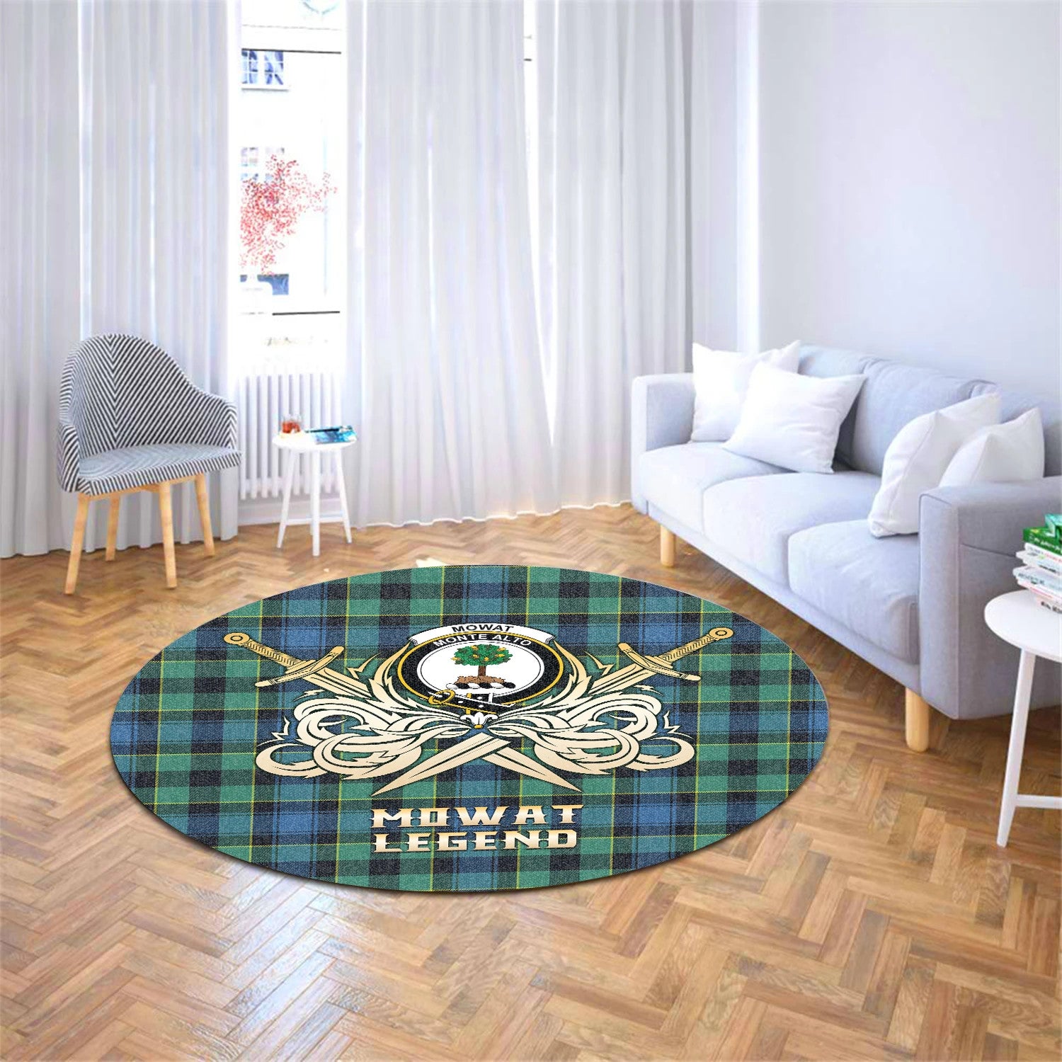 Scottish Tartan Mowat Clan Round Rug Courage Sword Style