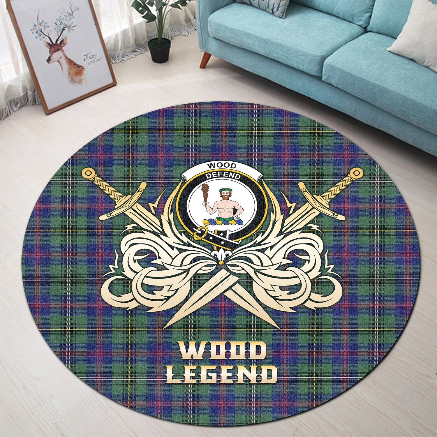 Scottish Tartan Wood Modern Clan Round Rug Courage Sword Style