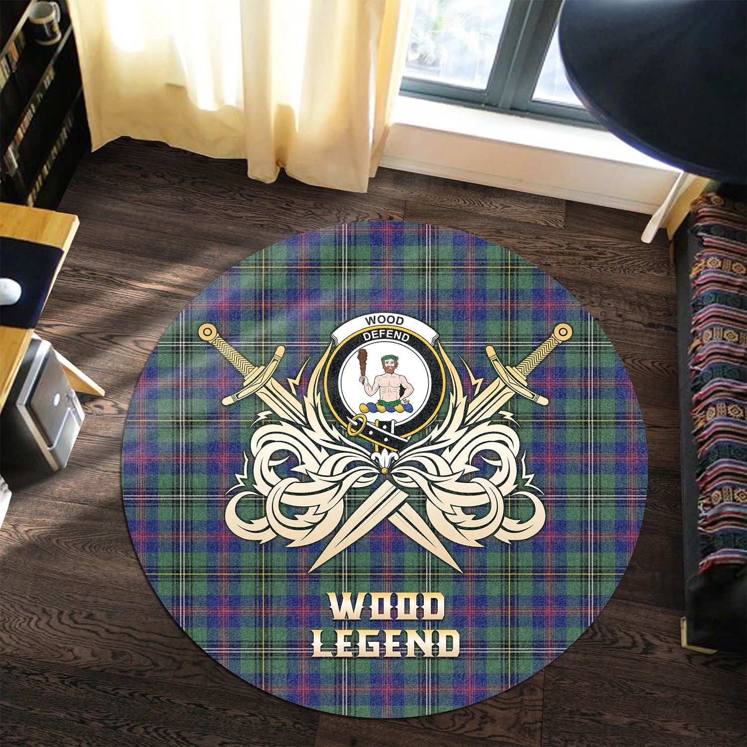 Scottish Tartan Wood Modern Clan Round Rug Courage Sword Style