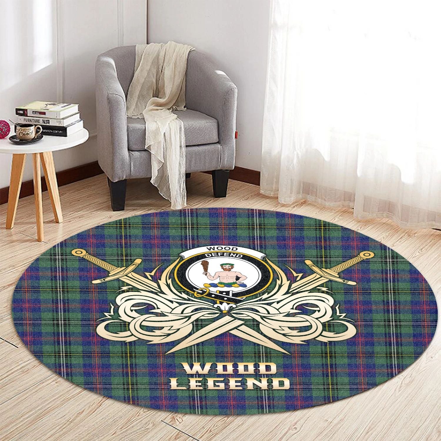 Scottish Tartan Wood Modern Clan Round Rug Courage Sword Style