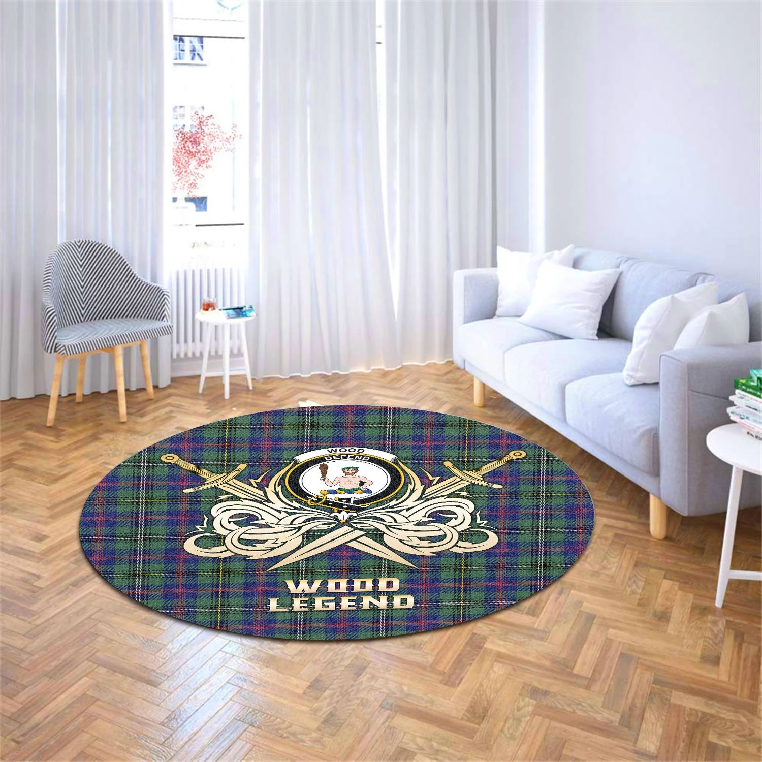 Scottish Tartan Wood Modern Clan Round Rug Courage Sword Style