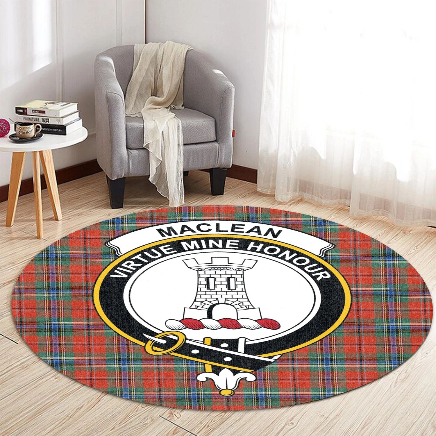 Scottish Tartan MacLean of Duart Ancient Clan Round Rug Crest Style