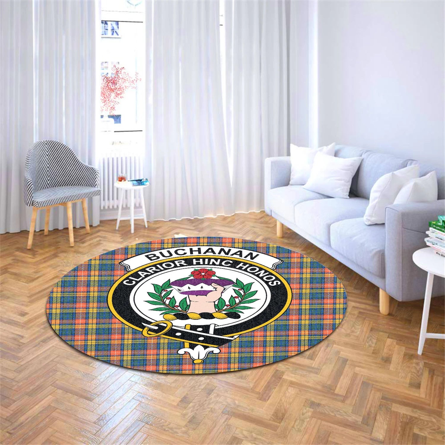 Scottish Tartan Buchanan Ancient Clan Round Rug Crest Style