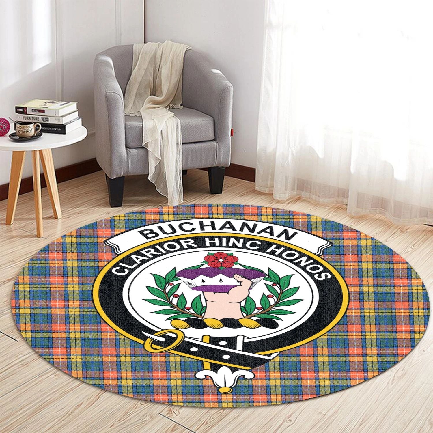 Scottish Tartan Buchanan Ancient Clan Round Rug Crest Style