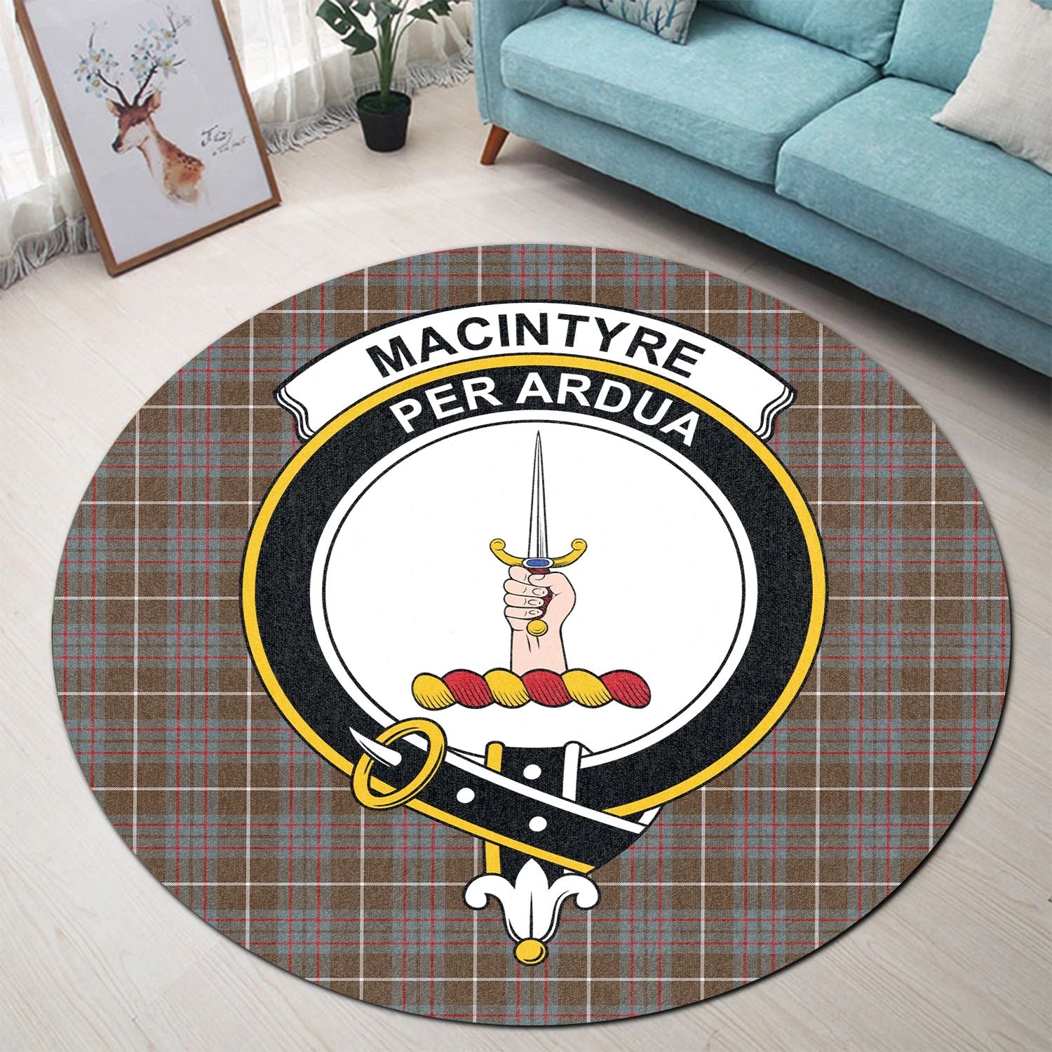 Scottish Tartan MacIntyre Hunting Weathered Clan Round Rug Crest Style