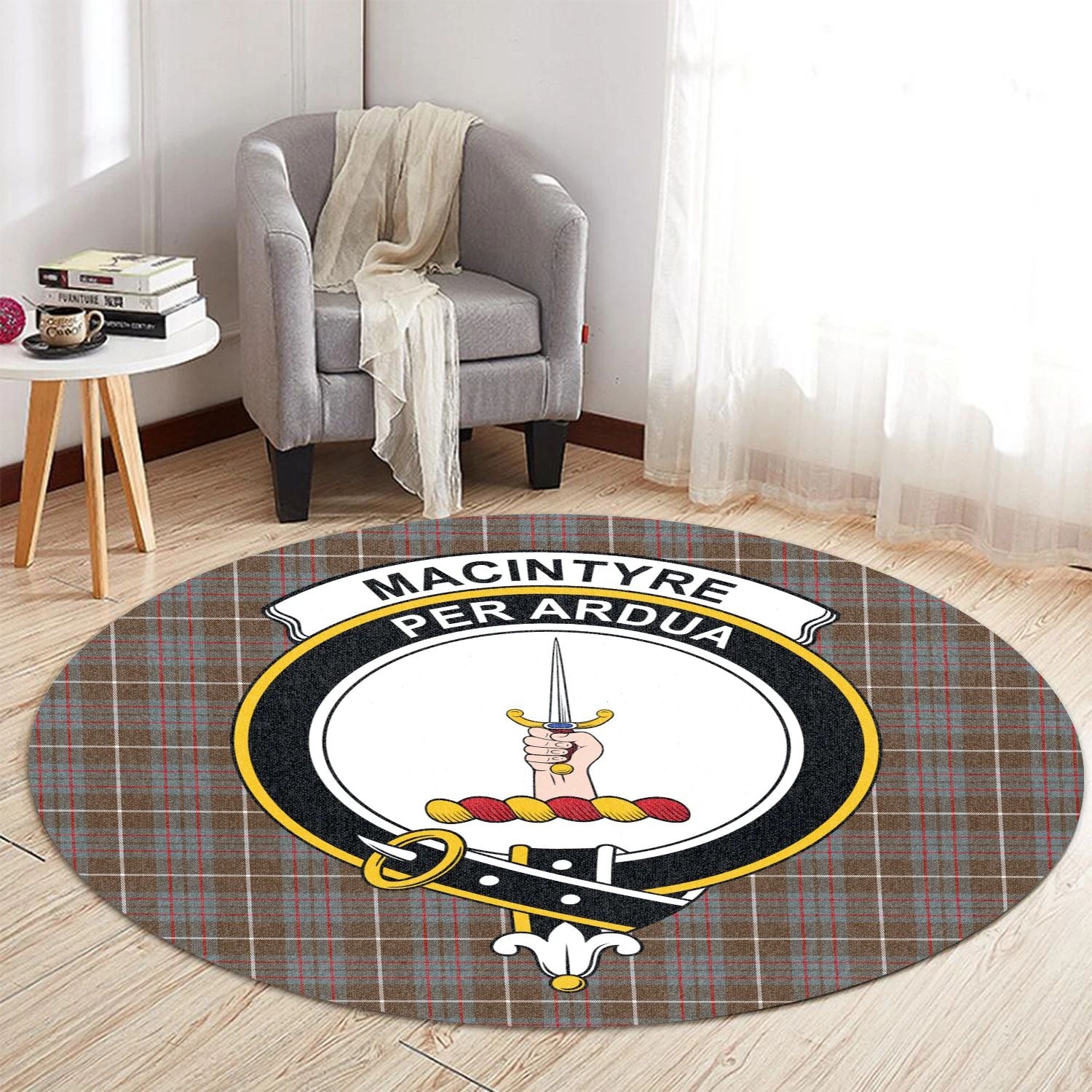 Scottish Tartan MacIntyre Hunting Weathered Clan Round Rug Crest Style