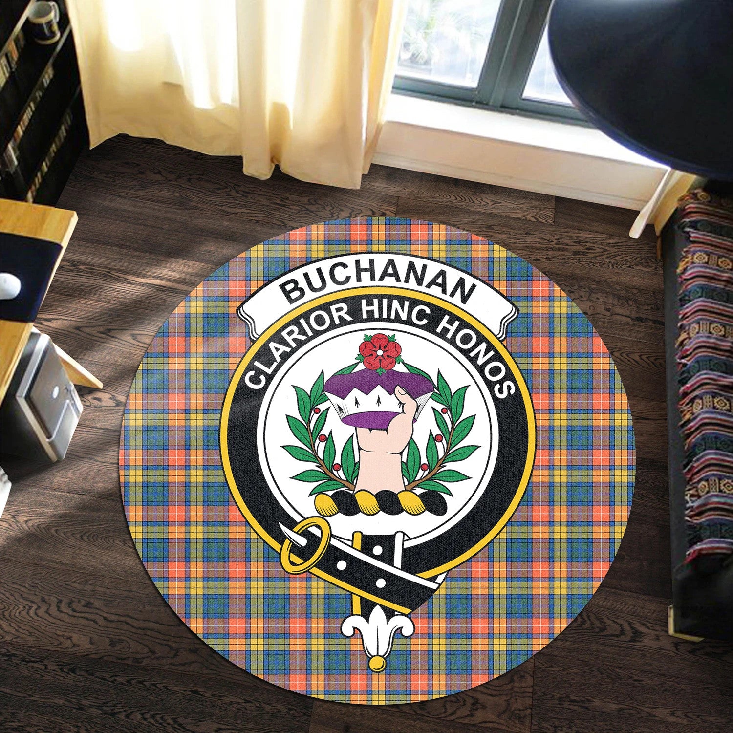 Scottish Tartan Buchanan Ancient Clan Round Rug Crest Style