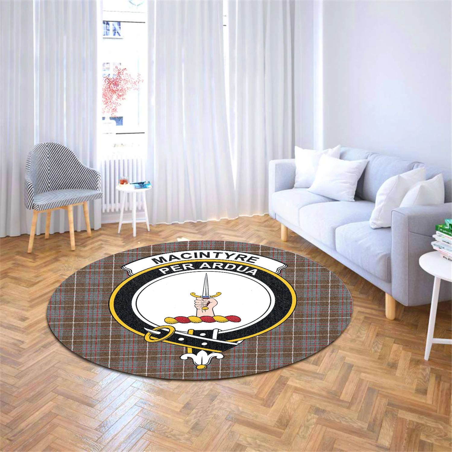 Scottish Tartan MacIntyre Hunting Weathered Clan Round Rug Crest Style