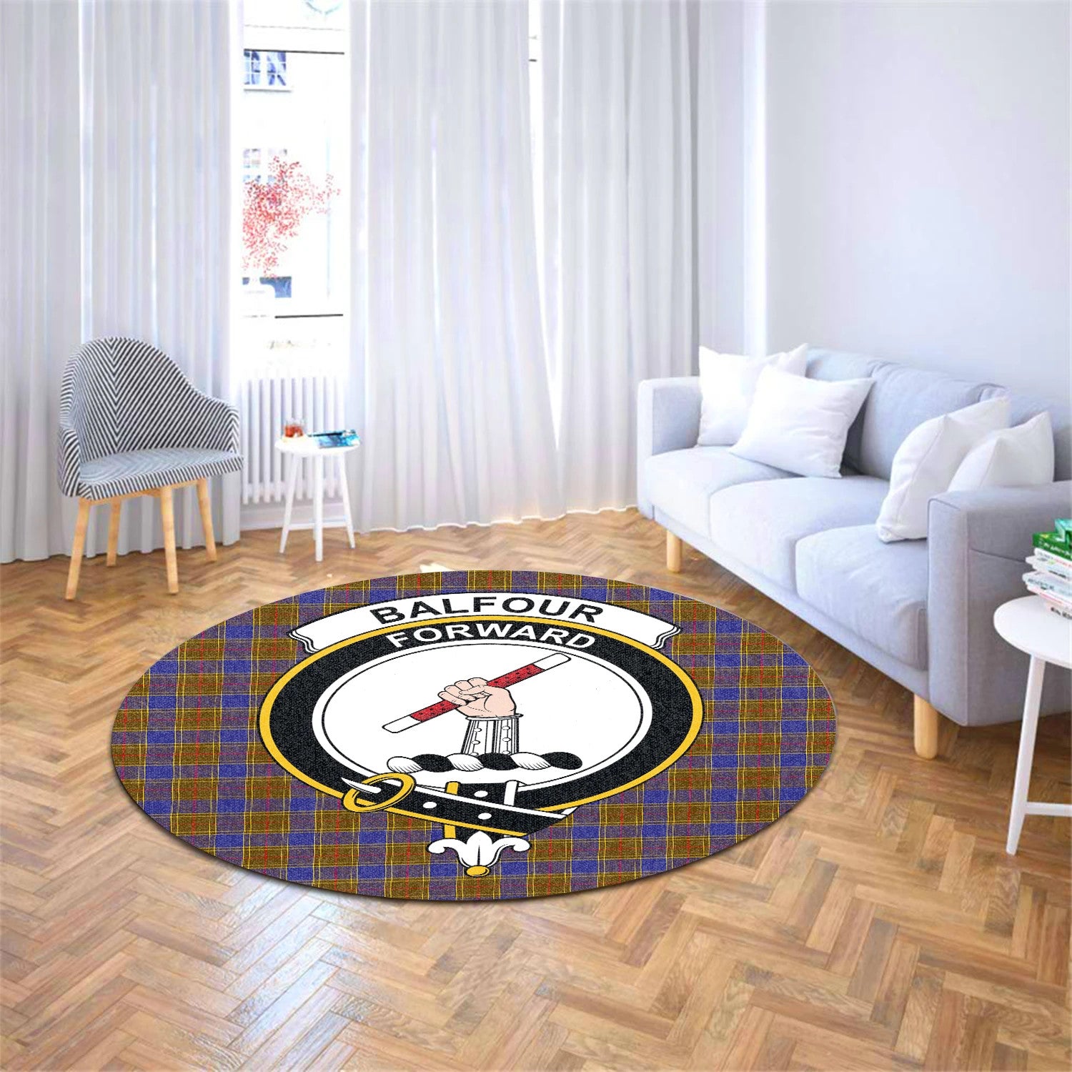 Scottish Tartan Balfour Modern Clan Round Rug Crest Style