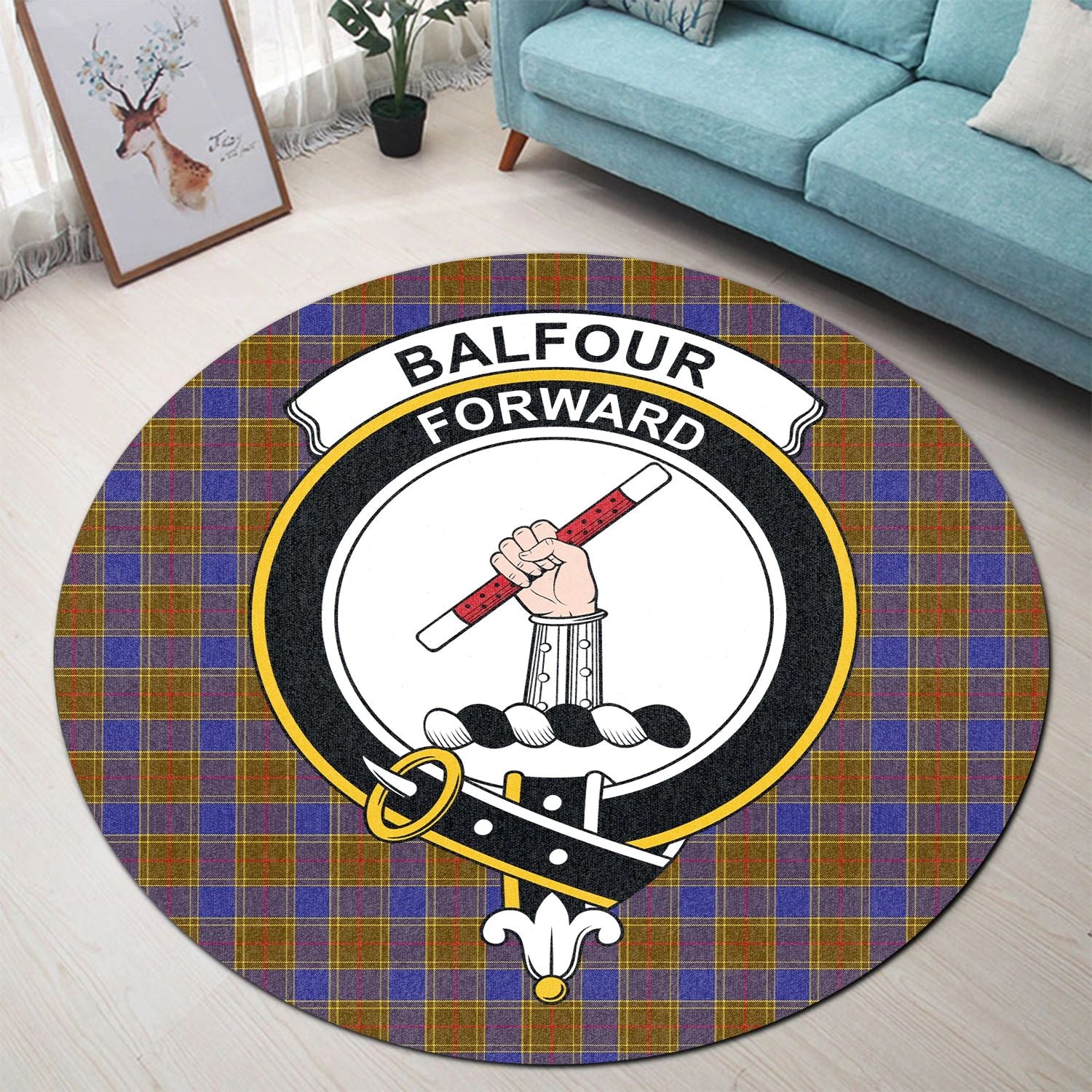 Scottish Tartan Balfour Modern Clan Round Rug Crest Style