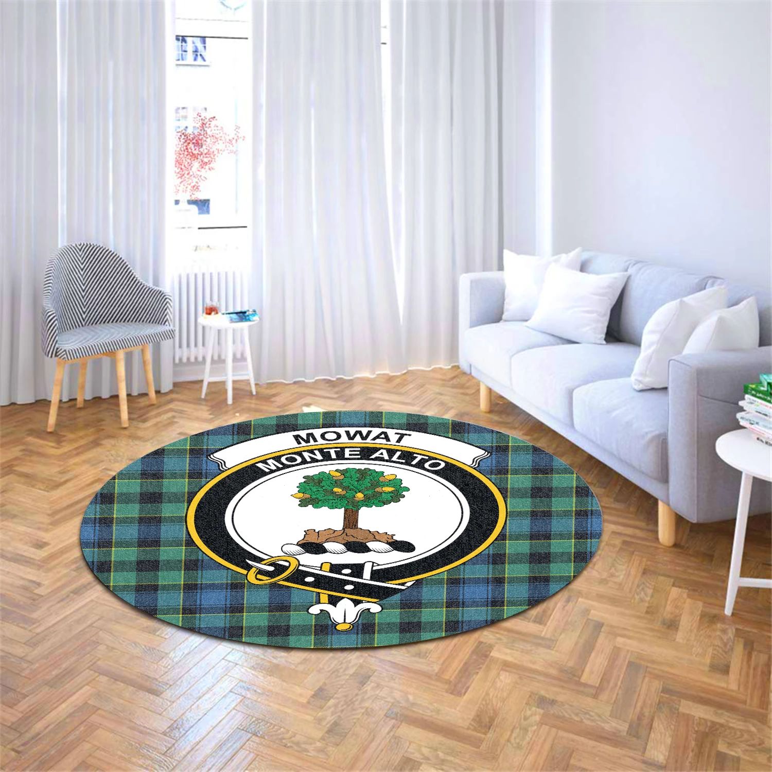 Scottish Tartan Mowat Clan Round Rug Crest Style