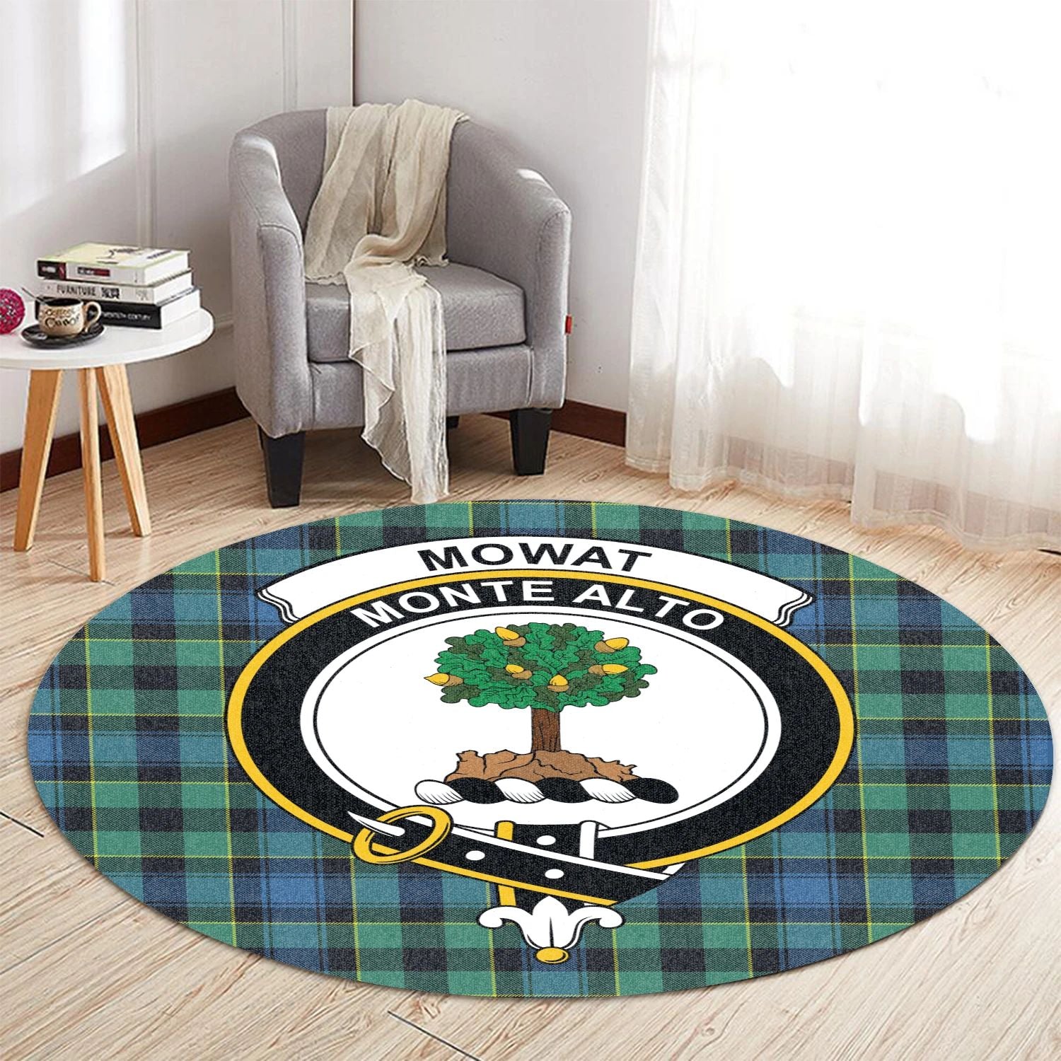 Scottish Tartan Mowat Clan Round Rug Crest Style