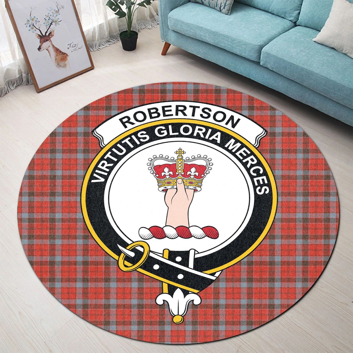 Scottish Tartan Robertson Weathered Clan Round Rug Crest Style