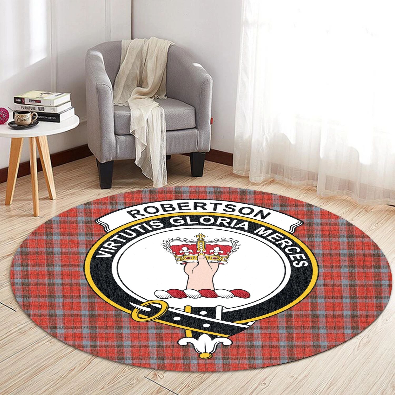 Scottish Tartan Robertson Weathered Clan Round Rug Crest Style