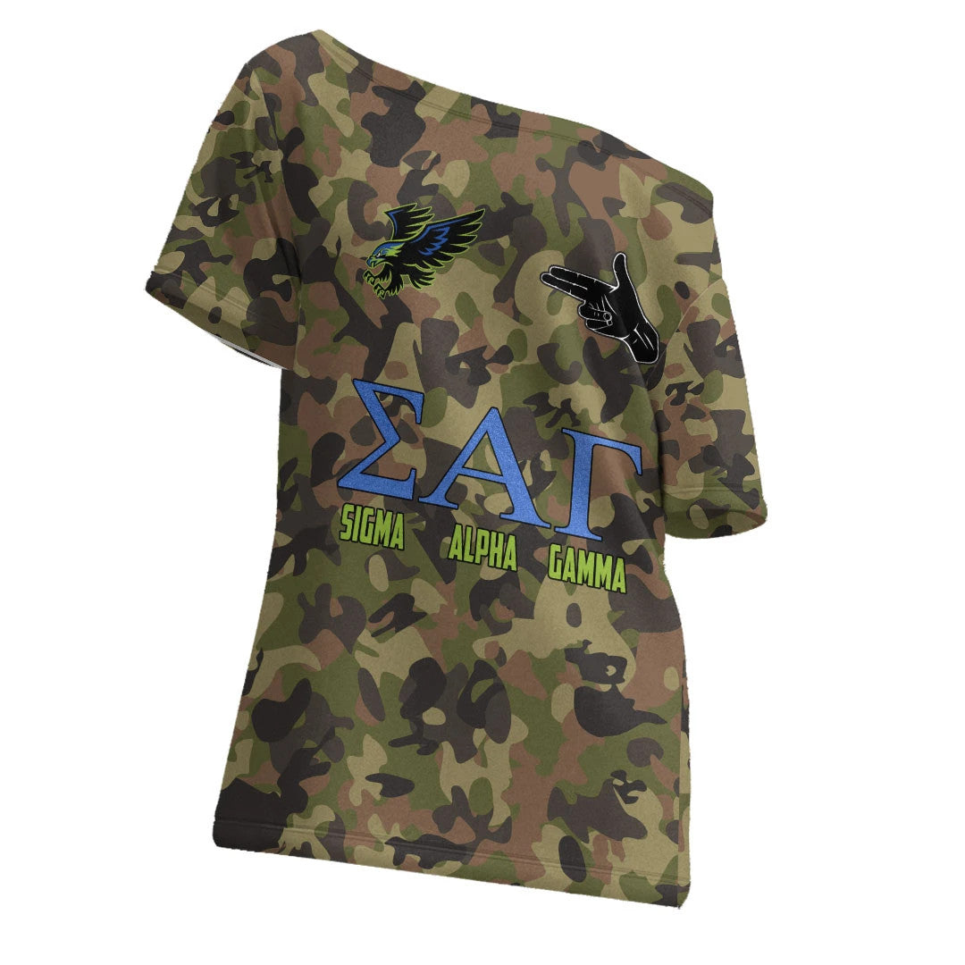 T Shirt - Sigma Alpha Gamma Camo Off Shoulder T Shirt