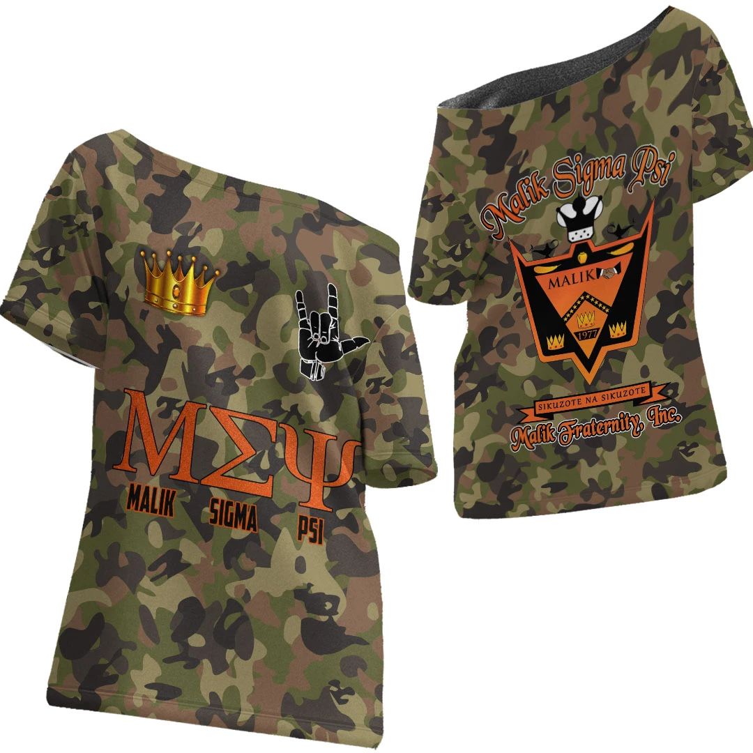 T Shirt - Malik Sigma Psi Camo Off Shoulder T Shirt