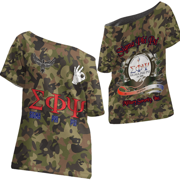 T Shirt - Sigma Phi Psi Camo Off Shoulder T Shirt