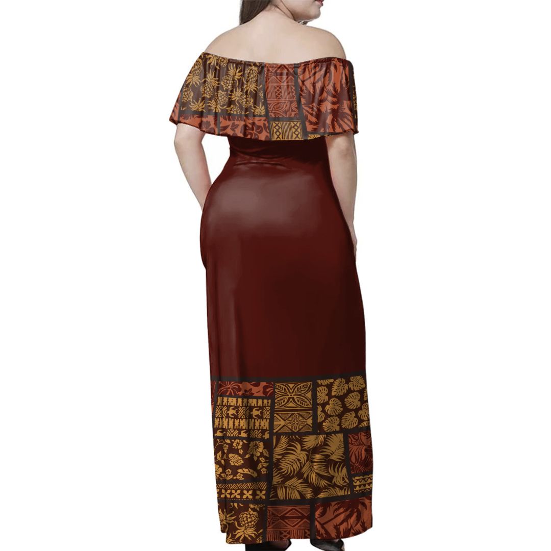 NE Fiji Bula Dress - Tapa Mix Off Shoulder Long Dress