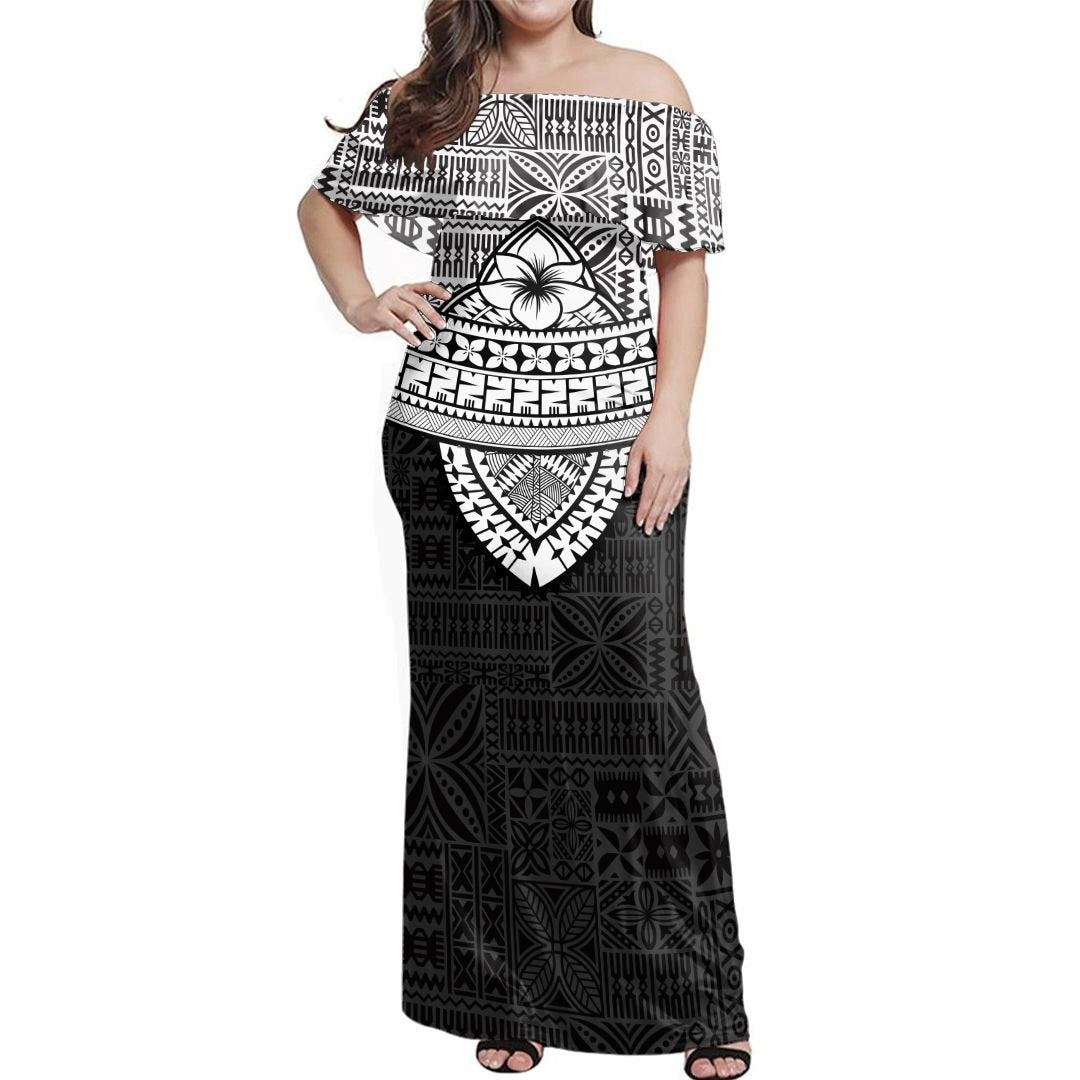 NE Fiji Bula Dress - Tribal Black Off Shoulder Long Dress