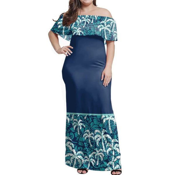 NE Fiji Bula Dress - Palm Tree And Hibiscus Off Shoulder Long Dress