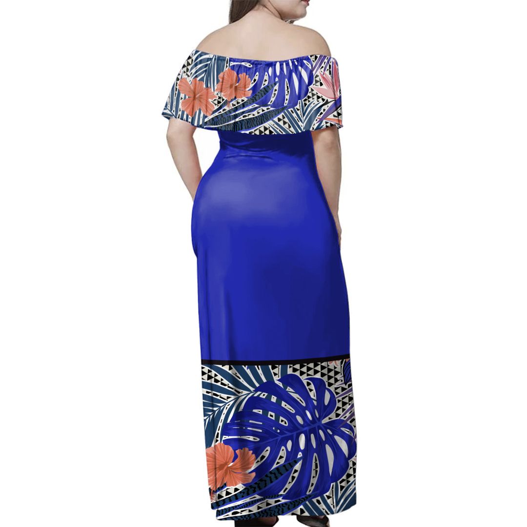 NE Fiji Bula Dress - Kakau Tropical Leaves Off Shoulder Long Dress