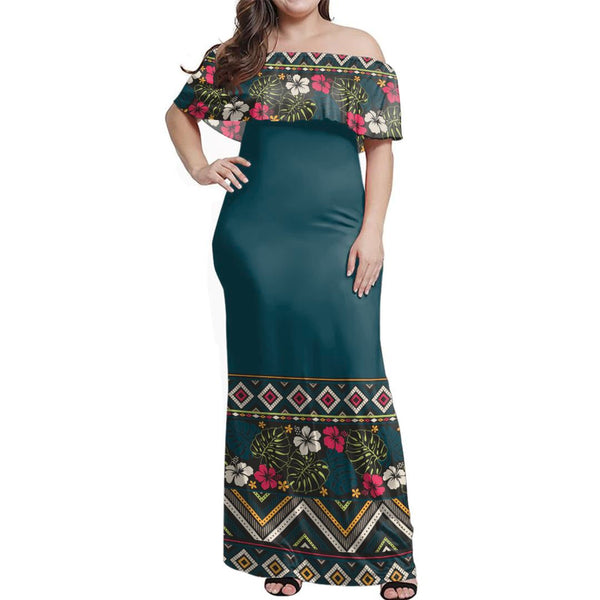 NE Fiji Bula Dress - Boho Hibiscus Lines Off Shoulder Long Dress