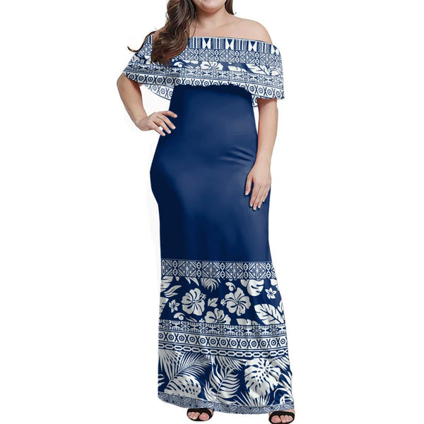 NE Fiji Bula Dress - Tapa Lines Off Shoulder Long Dress