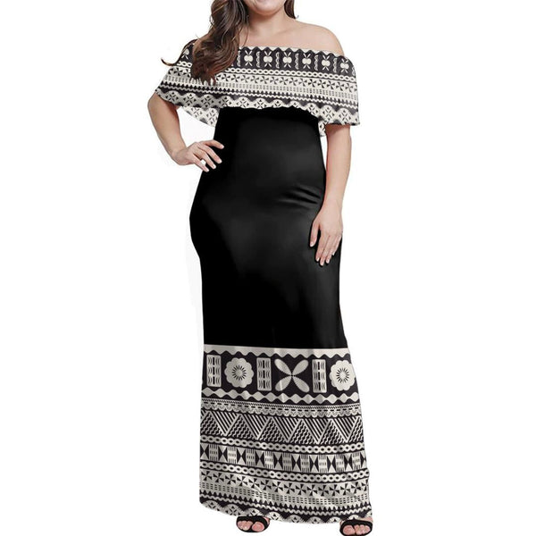 NE Fiji Bula Dress - Fiji Tapa Tribal Off Shoulder Long Dress