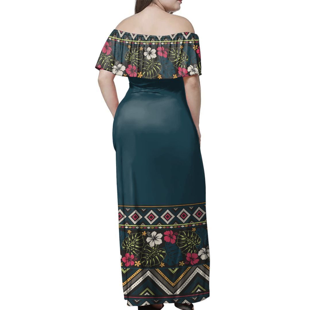 NE Fiji Bula Dress - Boho Hibiscus Lines Off Shoulder Long Dress