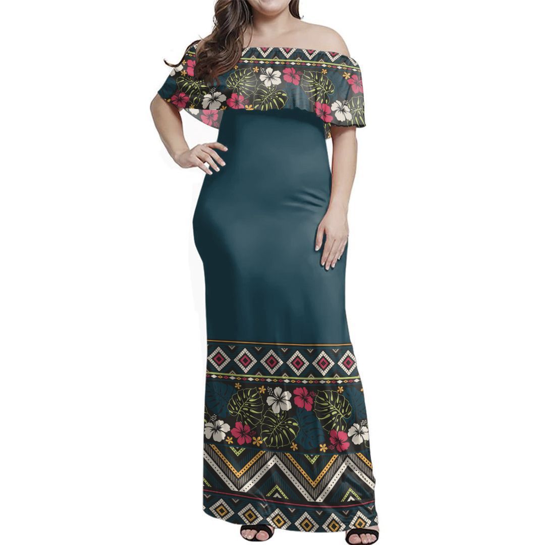 NE Fiji Bula Dress - Boho Hibiscus Lines Off Shoulder Long Dress