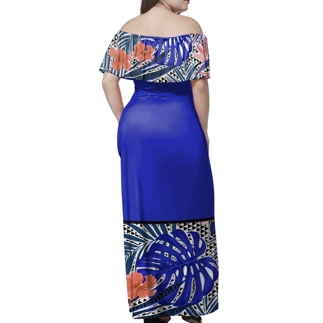 NE Fiji Bula Dress - Kakau Tropical Leaves Off Shoulder Long Dress