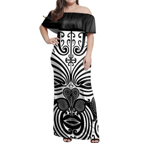 NE Maori Dress - Moko Face Off Shoulder Long Dress