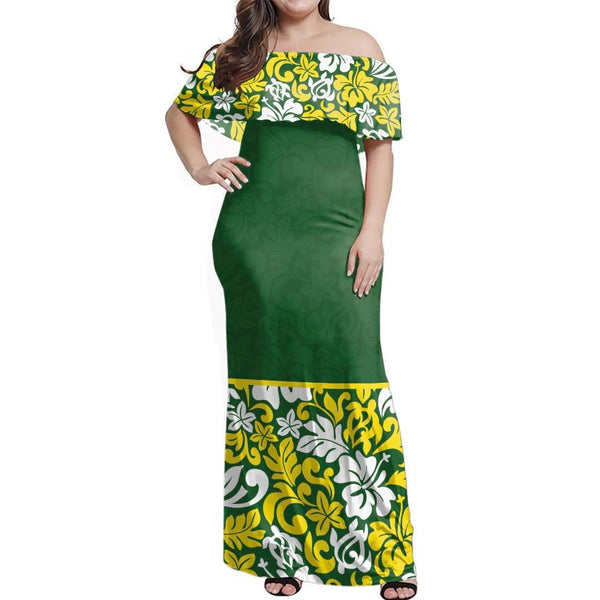 Polynesian Pride Dress - Golden Green Off Shoulder Long Dress