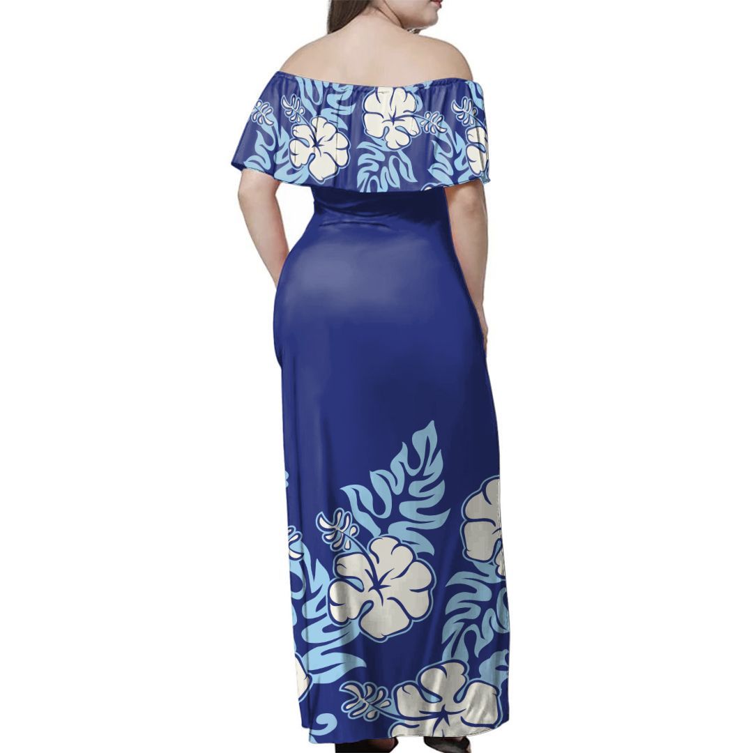 Polynesian Pride Dress - Blue Hibiscus Off Shoulder Long Dress