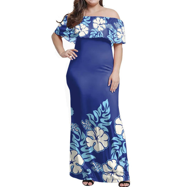 Polynesian Pride Dress - Blue Hibiscus Off Shoulder Long Dress