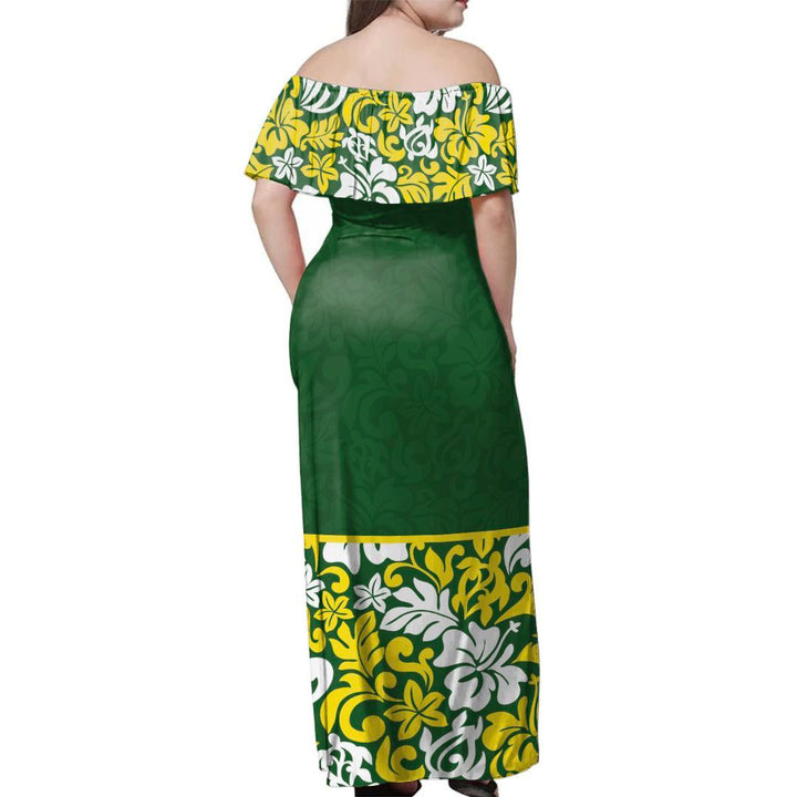 Polynesian Pride Dress - Golden Green Off Shoulder Long Dress